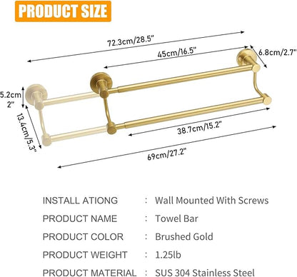 BESy Adjustable 16.5-28.5 Inches Double Bath Towel Bar for Bathroom SUS304 Stainless Steel Towel Holder, Hotel Style Wall Mount with Screws Hand Towel Bar，Towel Rack Rod Hanger, Brushed Gold Finish