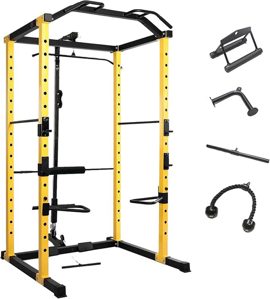 HULKFIT Pro Series 2.35" x 2.35" Power Cage Squat Rack with Attachments and Accessories for Home and Garage Gym Exercise Equipment