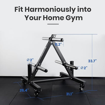 LIONSCOOL 2-Inch Olympic Weight Plate Tree and 2 Barbell Holders, Bumper Plate Storage Rack with Optional Wheels, 650LBS/1000LBS Weight Capacity Available