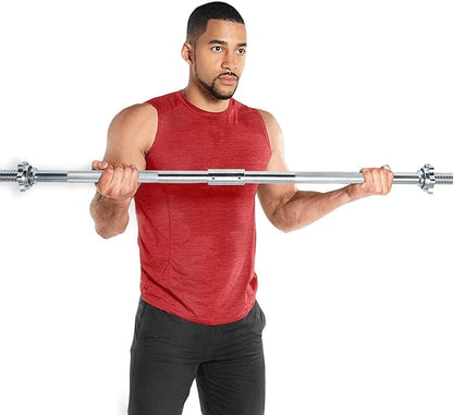 FUXION Fitness Buildable Weightlifting Chrome Bar 47 inch with Spinlock Collars | metal olimpic bar with handler