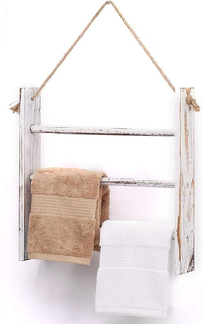 Rustic Wood Ladder Hand Towel Rack for Bathroom, Farmhouse Blanket Ladders for The Living Room Hanging Decorative Ladder for Blankets Whitewashed Towel Ladder with Rope（Whitewashed）