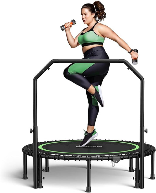 BCAN 450/550 LBS Foldable Mini Trampoline, 40"/48" Fitness Trampoline with Bungees, U Shape Adjustable Foam Handle, Stable & Quiet Exercise Rebounder for Adults Indoor/Outdoor Workout