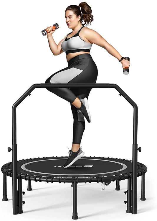 BCAN 450/550 LBS Foldable Mini Trampoline, 40"/48"/50" Fitness Trampoline with Bungees, U/T Shape Adjustable Foam Handle, Stable & Quiet Exercise Rebounder for Kids Adults Indoor/Garden Workout