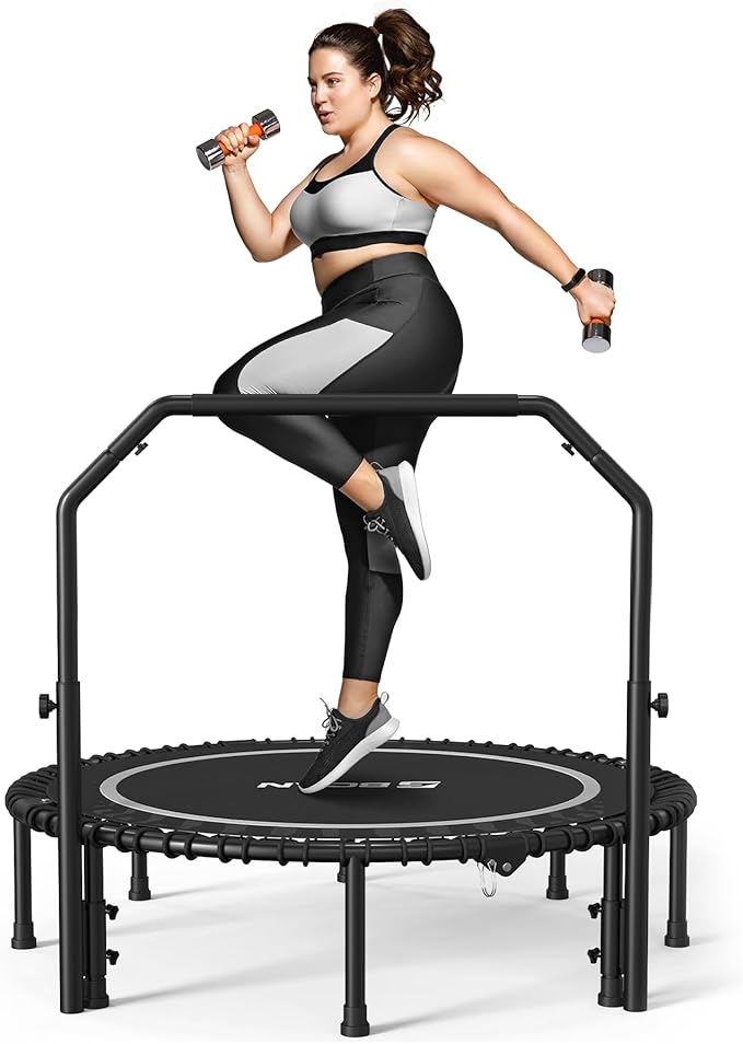 BCAN 450/550 LBS Foldable Mini Trampoline, 40"/48"/50" Fitness Trampoline with Bungees, U/T Shape Adjustable Foam Handle, Stable & Quiet Exercise Rebounder for Kids Adults Indoor/Garden Workout