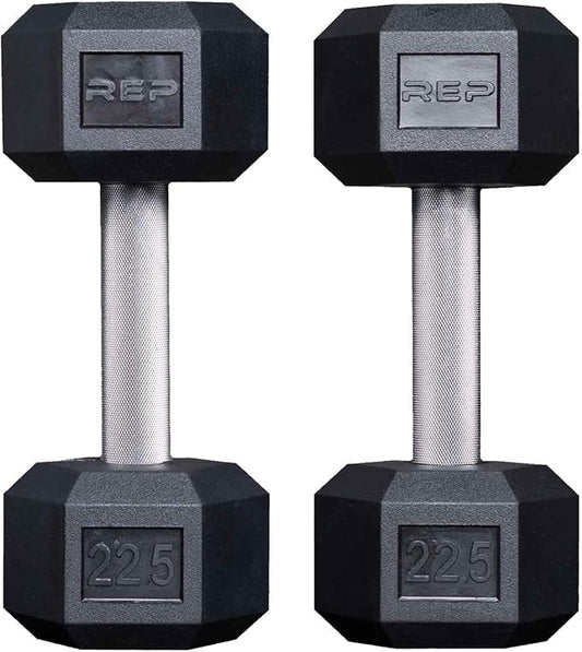 Rep Fitness Rubber Hex Dumbbell(s) - Singles (55LB +) and Pairs (5LB - 50LB) - Low Odor, Fully Knurled Handle