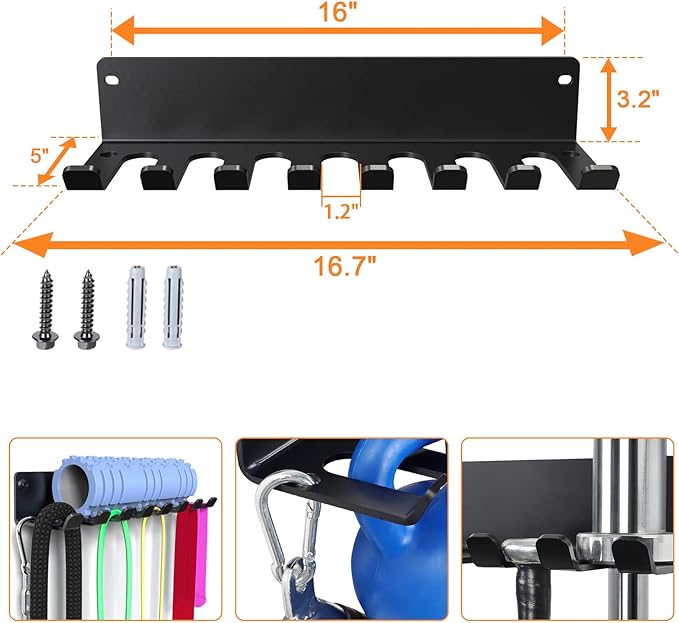 Gym Rack Organizer, Home Gym Accessories Hanger, Wall Mount Hooks for Olympic Barbells, Row Handles, Bats or Tools (E-Book Instruction Included)