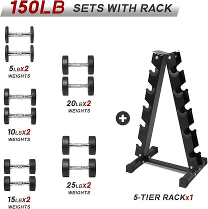 Ritfit 5-250 LBS PVC Encased Round Dumbbell sets with Knurled Handle and Optional Rack, Strength Training Equipment for Home Gym