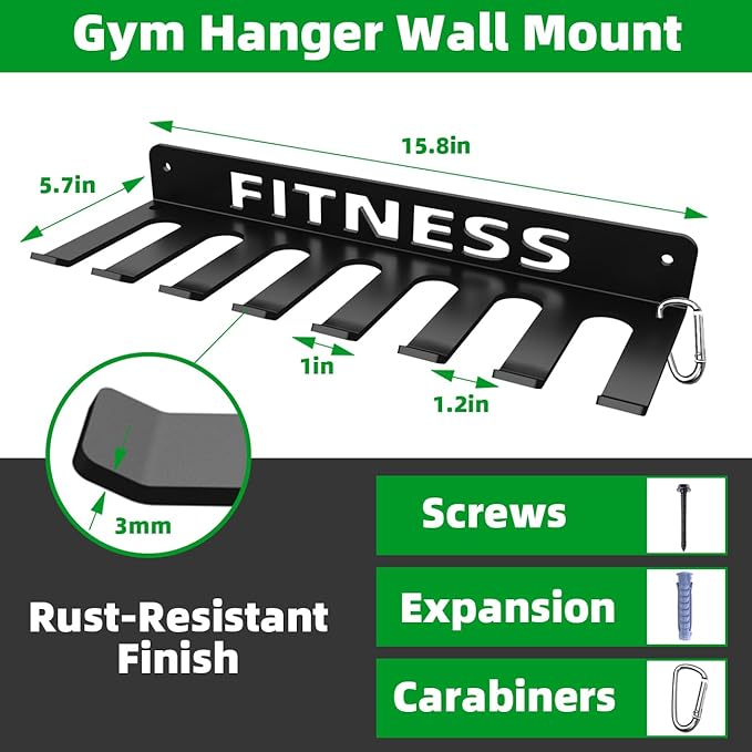 Home Gym Accessories Organization Storage Rack Equipment For Home 8 Hook Wall Hanger Display Gear Barbells Resistance Bands Jump Ropes Lifting Belt Hanger Accessories Hardware Included