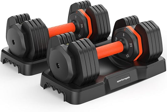 Sportsroyals 25LB Adjustable Dumbbells Set, 5LB to 25LB Dumbbells Pair, 5/10/15/20/25lb Hex Adjustable Dumbbells of 2 Anti-Slip Handle, Suitable for Home Gym Exercise Equipment