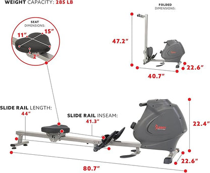 Sunny Health & Fitness Multi-Function Premium Magnetic Rowing Machine, Bicep Curls, Upward Rows, Seated Rows, Foldable Slide Rails, Digital Monitor and Optional Bluetooth with Exclusive SunnyFit App