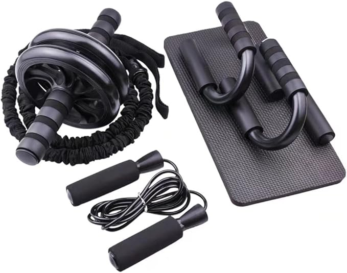 5-in-1 AB Wheel Roller Kit with Push-Up Bar, Knee Mat, Jump Rope and Hand Gripper - Home Gym Workout for Men Women Core Strength & Abdominal Exercis, Black, 9.84x8.39x4.72inch