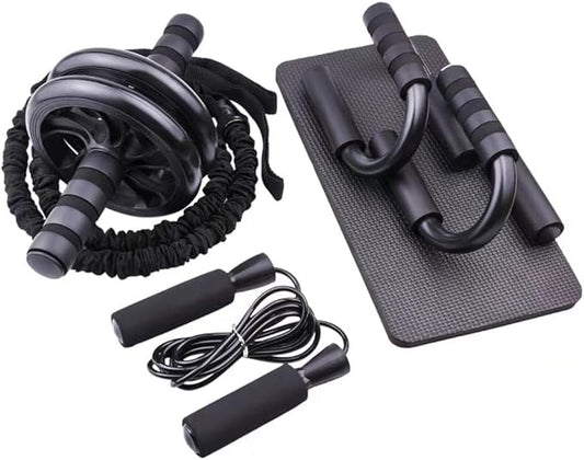 5-in-1 AB Wheel Roller Kit with Push-Up Bar, Knee Mat, Jump Rope and Hand Gripper - Home Gym Workout for Men Women Core Strength & Abdominal Exercis, Black, 9.84x8.39x4.72inch