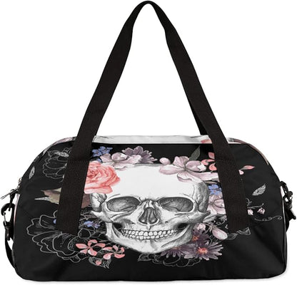 Sugar Skull Flower Halloween Gym Bag for Women Men, Small Travel Duffel Bag for Sports Getaway Overnight Bag Lightweight Weekender Bags Workout Bag Dance Bag for Boys Girls Kids Teens