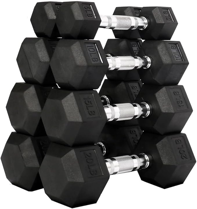 Signature Fitness Premium Rubber Coated Hex Dumbbell Weight Set, Multiple Packages