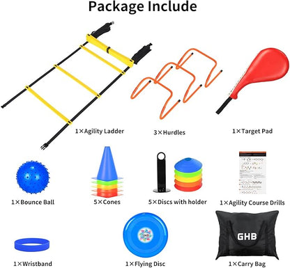 GHB Agility Ladder, Football Agility Training Equipment Set, 3 Agility Hurdles, 20 feet 12 Rungs Speed Ladder 5 Discs 5 Cones Target pad Bounce Balls ect for Football Basketball Workout Training