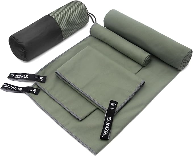 Eunzel Quick Dry Camping Towel, Microfiber Travel Towel 3 Size at 1 Pack,Fast Drying Towel Set for Camping, Beach, Gym, Sports, Yoga & Swimming Pool, Army Green