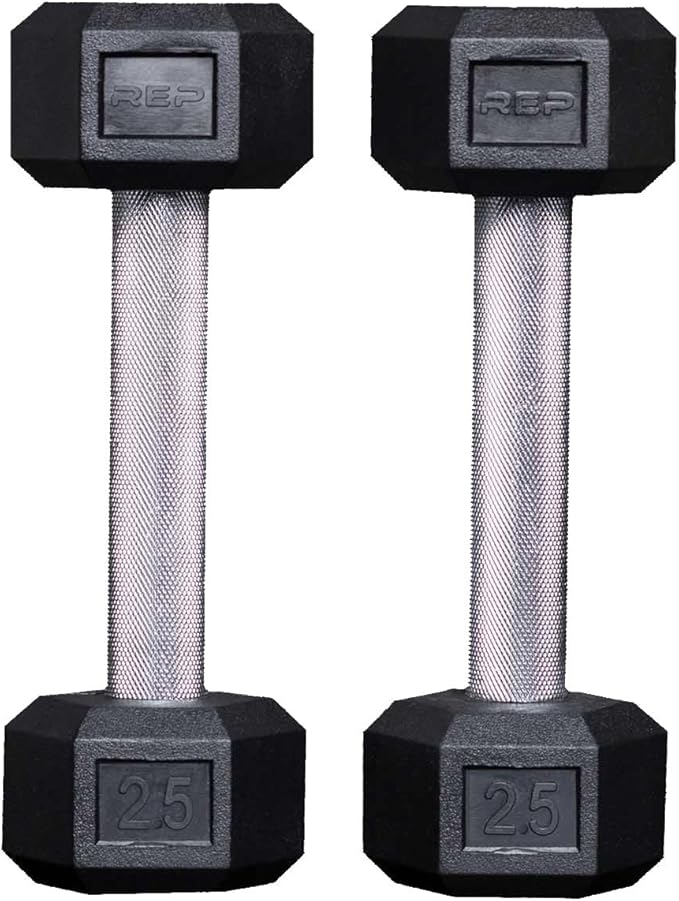 Rep Fitness Rubber Hex Dumbbell(s) - Singles (55LB +) and Pairs (5LB - 50LB) - Low Odor, Fully Knurled Handle