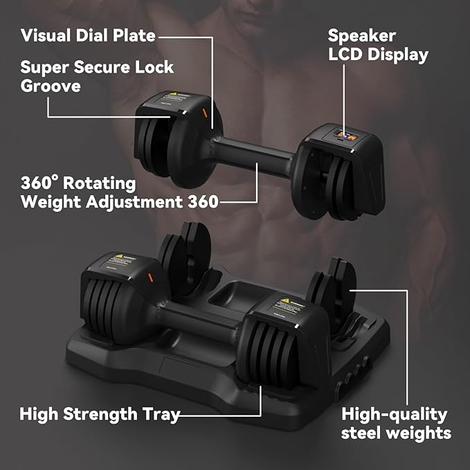 Smart Adjustable Dumbbell Set with Speaking Display - 2.5 to 12.5 Pounds Each - Home Gym Exercise Equipment - Visible Color Display for Workout Data Record - Total 25 lbs Weight Set (High Grade)