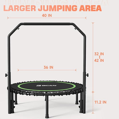 BCAN 450/550 LBS Foldable Mini Trampoline, 40"/48"/50" Fitness Trampoline with Bungees, U/T Shape Adjustable Foam Handle, Stable & Quiet Exercise Rebounder for Kids Adults Indoor/Garden Workout