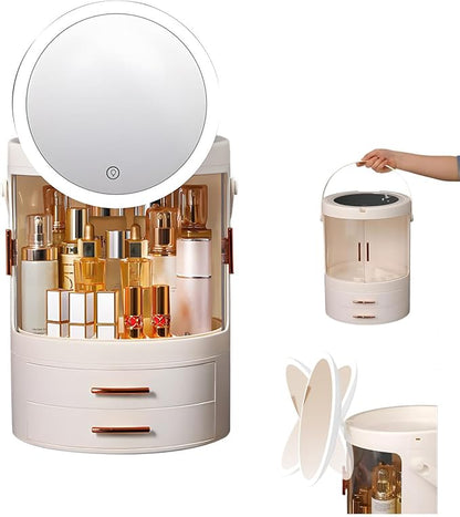 Makeup Organizer, Skincare Organizers, Rotating Makeup Organizer, Cosmetic Organizer with Mirror and LED Light, for Bedroom, Washroom, Living Room, with Carrying Handle, White