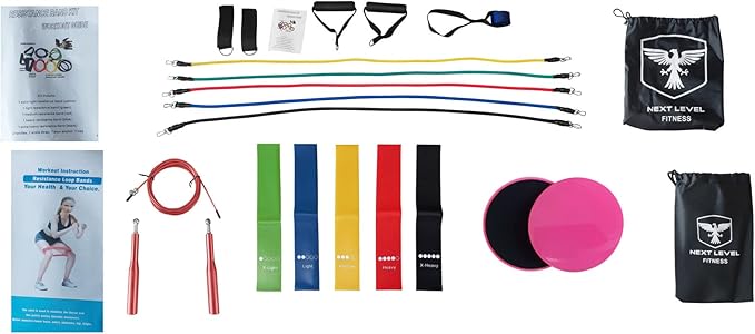 Next Level Fitness Resistance Bands for Working Out Set, 20 Piece Total Body Workout kit, Fitness and Exercise Bands with Door Foam Handle and Ankle Strap, Booty Workout Band for Resistance Training