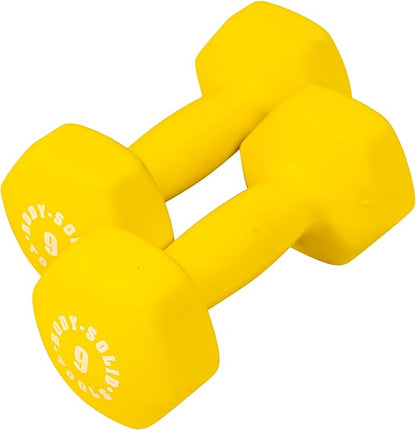 Body-Solid Tools (BSTND9PR) Neoprene Dumbbell for Weight and Aerobic Training, Pilates & Physical Therapy, Hand Weights Set for Women, Free Weights Hex End Dumbbells, Yellow, 9lbs. Pair