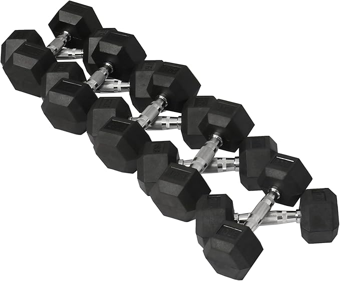 Signature Fitness Premium Rubber Coated Hex Dumbbell Weight Set, Multiple Packages