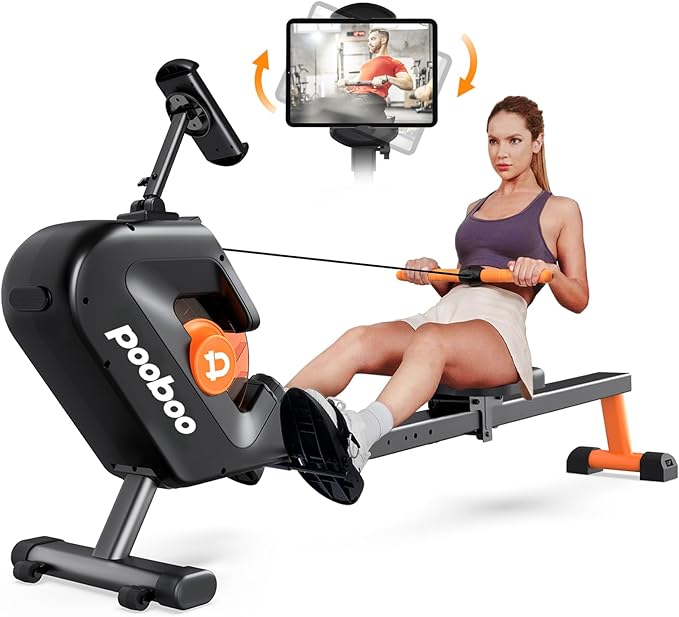 pooboo rowing machine, Max 350 LBS Magnetic Rower with LCD Monitor, Tablet Holder, Upgraded Rowing machines for home use