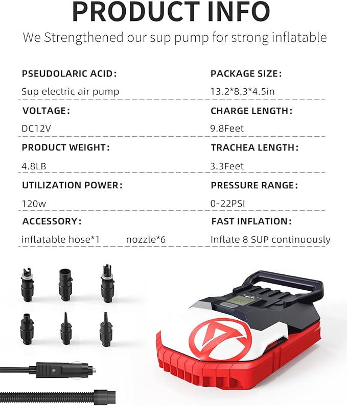 Paddle Board Pump Electric Portable with Dual Stage Inflation, 22PSI High Pressure Air Pump for Paddleboard/Inflatable Bed/Mattress with 12V DC Car Connector and Portable Boat Accessories