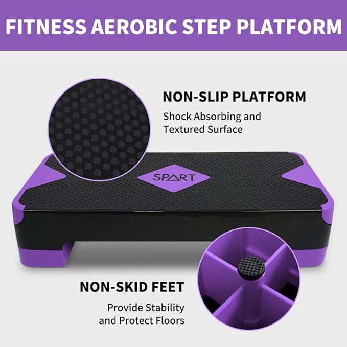 SPART Adjustable Workout Aerobic Stepper, Aerobic Exercise Step Platform with 4 Risers, 3 Levels Adjust 4" - 6" - 8", 26.77" Trainer Stepper with Non-Slip Surface for Home Gym Extra Risers