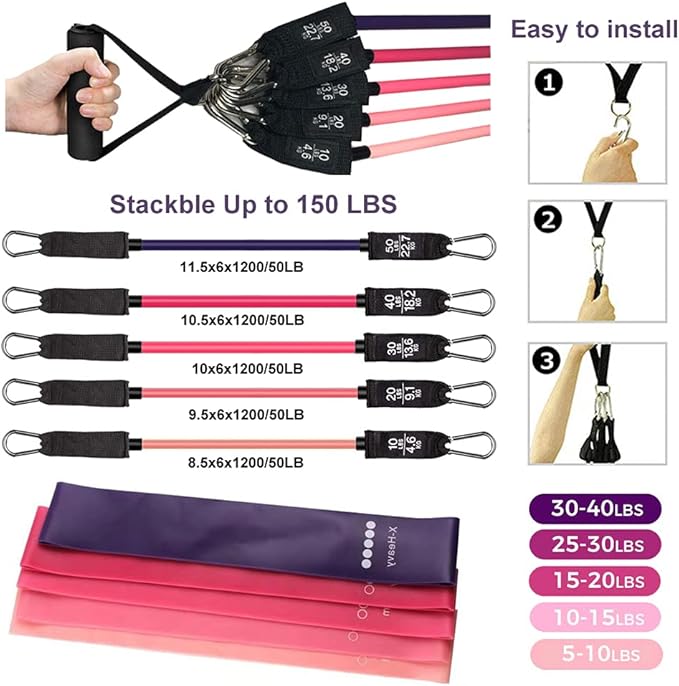 Zugoulook 18Pcs Resistance Bands Set for Women, 5 Stackable Exercise with Handles, Loop Bands, Jump Rope, Figure 8 Band, Ideal Home, Gym Fitness, Yoga, Full Body Workout