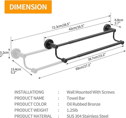 BESy Adjustable 16.5-28.5 Inches Double Bath Towel Bar for Bathroom SUS304 Stainless Steel Towel Holder, Hotel Style Wall Mount with Screws Hand Towel Bar，Towel Rack Rod Hanger, Oil Rubbed Bronze