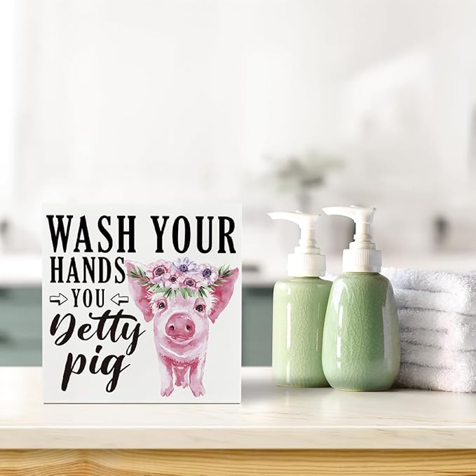 Bathroom Decor Sign - Wash Your Hands You Detty Pig, Box Sign Tabletop Decor, Funny Washroom Sign, White Box Sign Decor, Table Decoration, Washroom Decor Art, Bathroom Humor, Bathroom Decor for Shelf