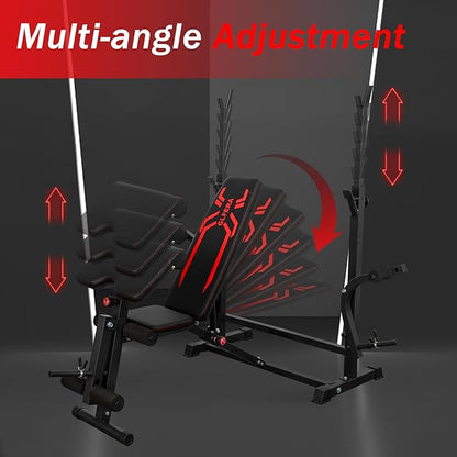 6-in-1 880lbs Weight Bench Set with Squat Rack, Adjustable Workout Bench for Full Body Strength Training, Bench Press with Barbell Rack Leg Developer Preacher Curl, Incline Decline Bench for