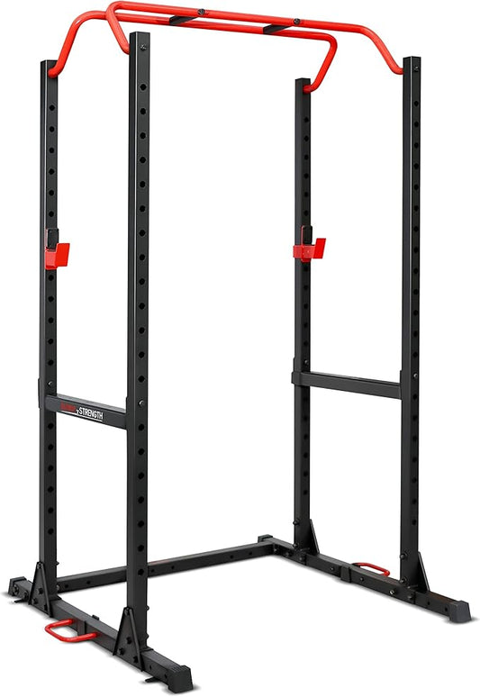 Sunny Health & Fitness Power and Squat Rack with High Weight Capacity Optional Olympic Weight Plate Storage, 360° Swivel Landmine, Power Band Attachment