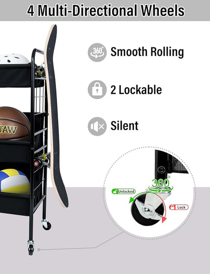 StorageWorks Garage Sports Equipment Organizer with Hooks, Ball Rack Organizer with Wheels, 3-Shelf Ball Rack for Basketball, Football, Volleyball, Large