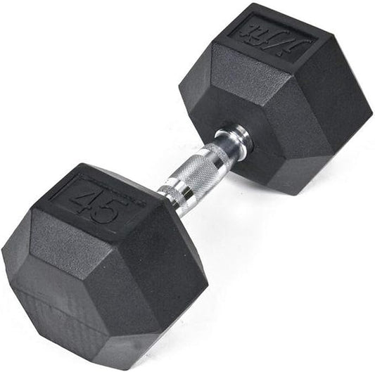 JFIT Rubber Hex Dumbbell - 15 Size, Single and Pair Options, 4-50lbs - Shaped Heads Prevent Rolling and Injury - Ergonomic Hand Weights for Exercise, Therapy, Muscle, Strength and Weight Training