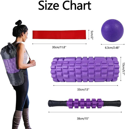 5 in 1 Foam Roller Set Trigger Point Foam Roller Patented, Massage Roller Stick, Massage Ball, Stretching Strap for Deep Muscle Massage Pilates Yoga, Fitness Exercise for Whole Body (Purple)