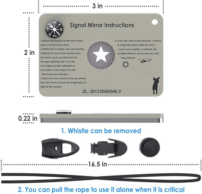 Signal Mirror Survival Military Grade,Hiking SOS cry for Help Camping Mirror 2 x 3 in,Compass,Whistle