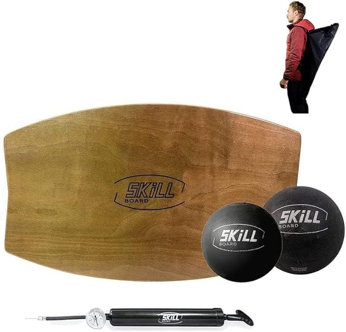 The Skill Board Beginner to Pro - Wooden Balance Board for Adults Bundle - Incl. Balance Trainer for All Sports, Gym, Standing Desk, or Yard Games, 2x Fitness Balls, Ball Pump and more