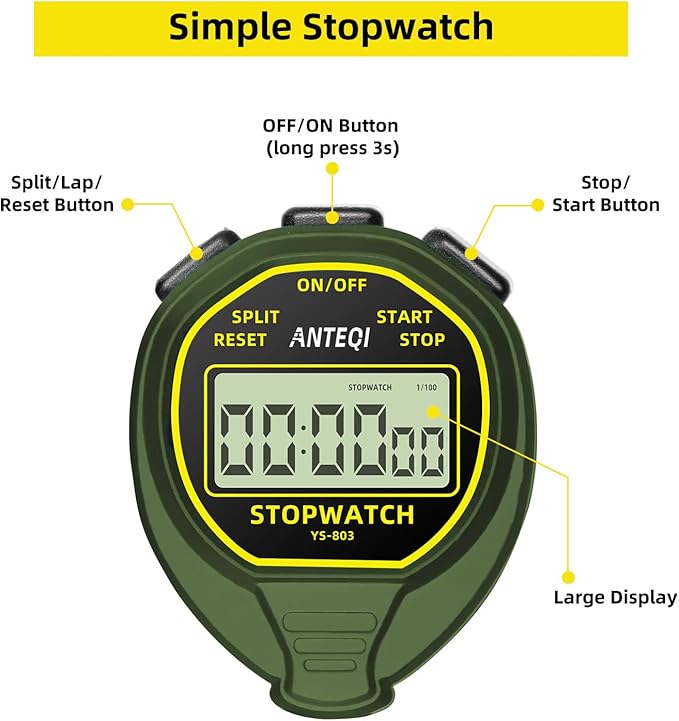 Waterproof Stopwatch, Large Display Simple Silent Stop Watch Timer with ON/Off Function No Clock No Calendar No Alarm Basic Operation for Sports Coaches Swimming Running Training, Green