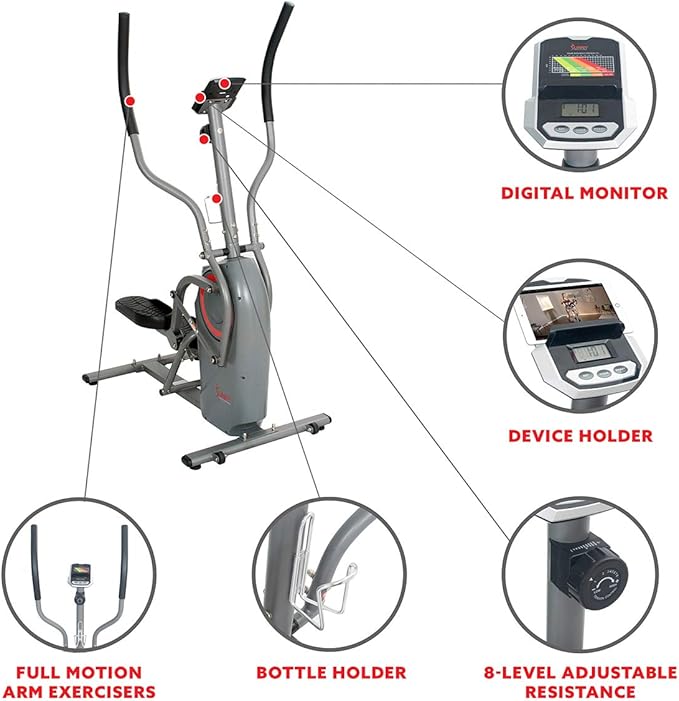 Sunny Health & Fitness Cardio Climber Stepping Elliptical Exercise Machine for Home with 8 Levels of Magnetic Resistance, Performance Monitor, Full Body Workout