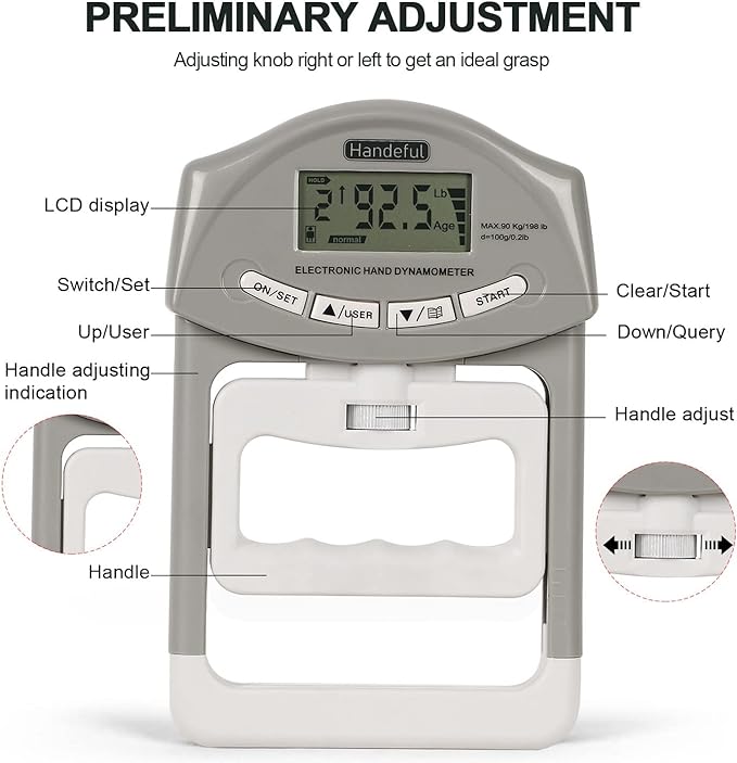 Handeful Grip Strength Tester Trainer - Dynamometer Handgrip Measurer Meter, Handheld Strengthener Exerciser for Sports, School, and Home Use (198Lbs / 90Kgs)