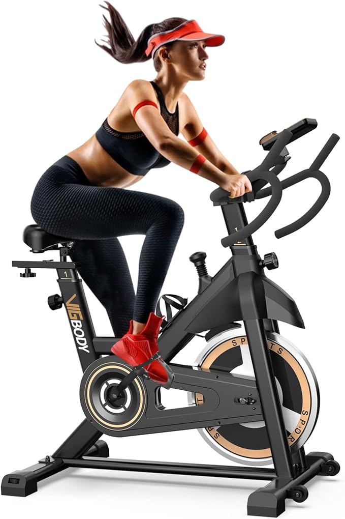 VIGBODY Stationary Exercise Bike Indoor Cycling Bike for Cardio Workout, with Comfortable Seat Cushion, LCD Monitor for Home Training Bike