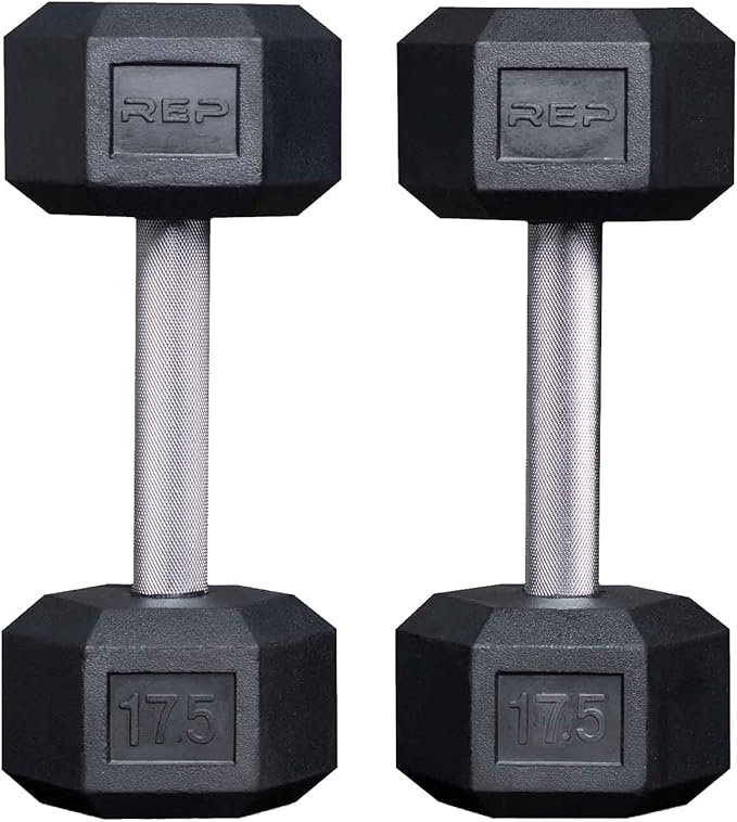 Rep Fitness Rubber Hex Dumbbell(s) - Singles (55LB +) and Pairs (5LB - 50LB) - Low Odor, Fully Knurled Handle