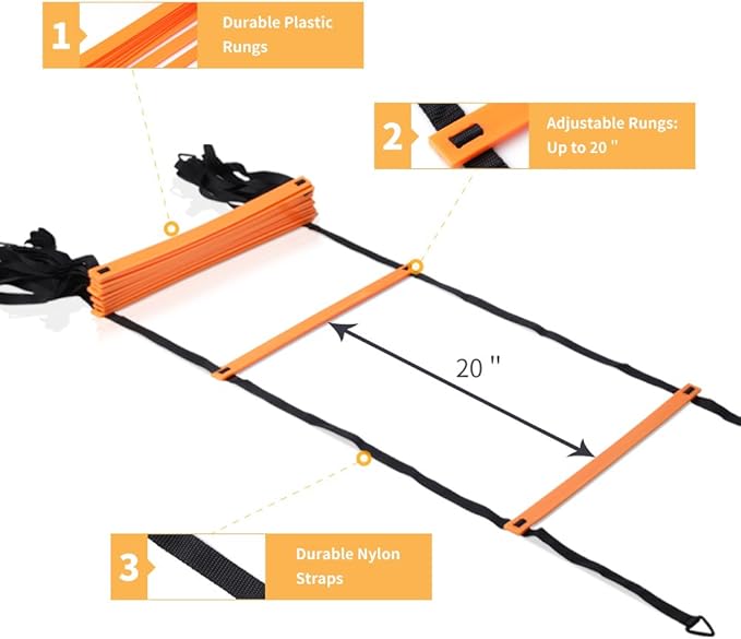 YISSVIC Agility Ladder and Cones 20 Feet 12 Adjustable Rungs Fitness Speed Training Equipment,1 Carry Bags, 10 Cones, 4 Stakes, Basketball, Soccer