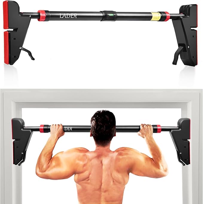 LADER Pull Up Bar for Doorway, Strength Training Pull-Up Bars with No Screw Installation for Home Gym Exercise Fitness with Level Meter, Max Load Bearing 550LBS