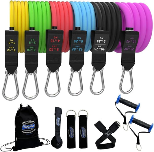 Bodylastics Resistance Band Set - Resistance Bands with Handles, Ankle Straps, Door Anchor, Carry Bag - Heavy-Duty Stretch Exercise Bands -Patented Clips and Snap Reduction Tech -Fitness Workout Bands