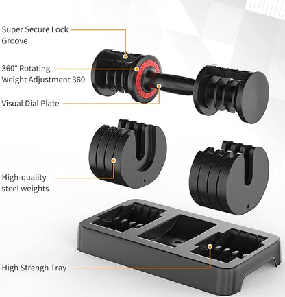 SKOK 25/55 lbs Pair Adjustable Dumbbells Set, Adjustable Weights Dumbbells Set for Men and Women with Anti-Slip Fast Adjust Weight by Turning Handle,Black Dumbbell with Tray