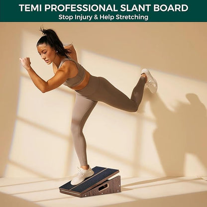 TEMI Calf Stretcher Slant Board - Professional Incline Board for Calf Stretching Heavy Duty, Adjustable Wooden Stretch Wedge Board for Foot Ankle and Calf Stretching Exercise Teak Finished